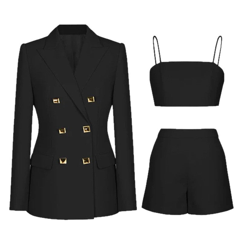 Three-piece Suit Blazer Suspenders Top And Pants