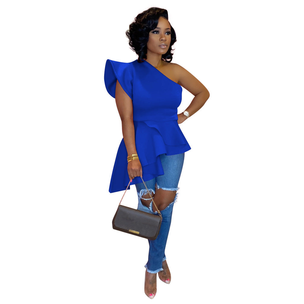 One-shoulder Ruffle Irregular Short-sleeved Top