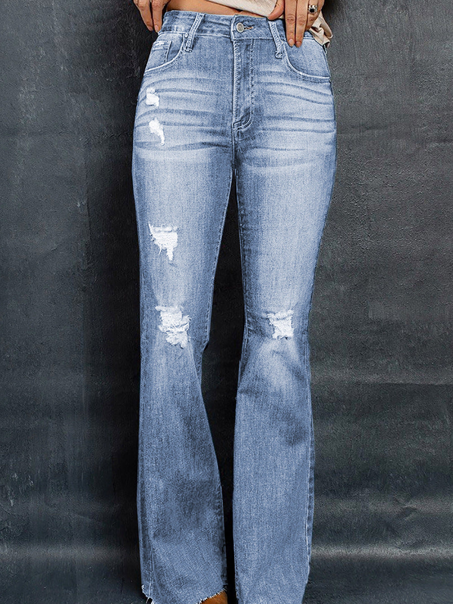 Dame Højtaljede Slim Jeans Vaskede Og Frayed Vide Ben Bukser