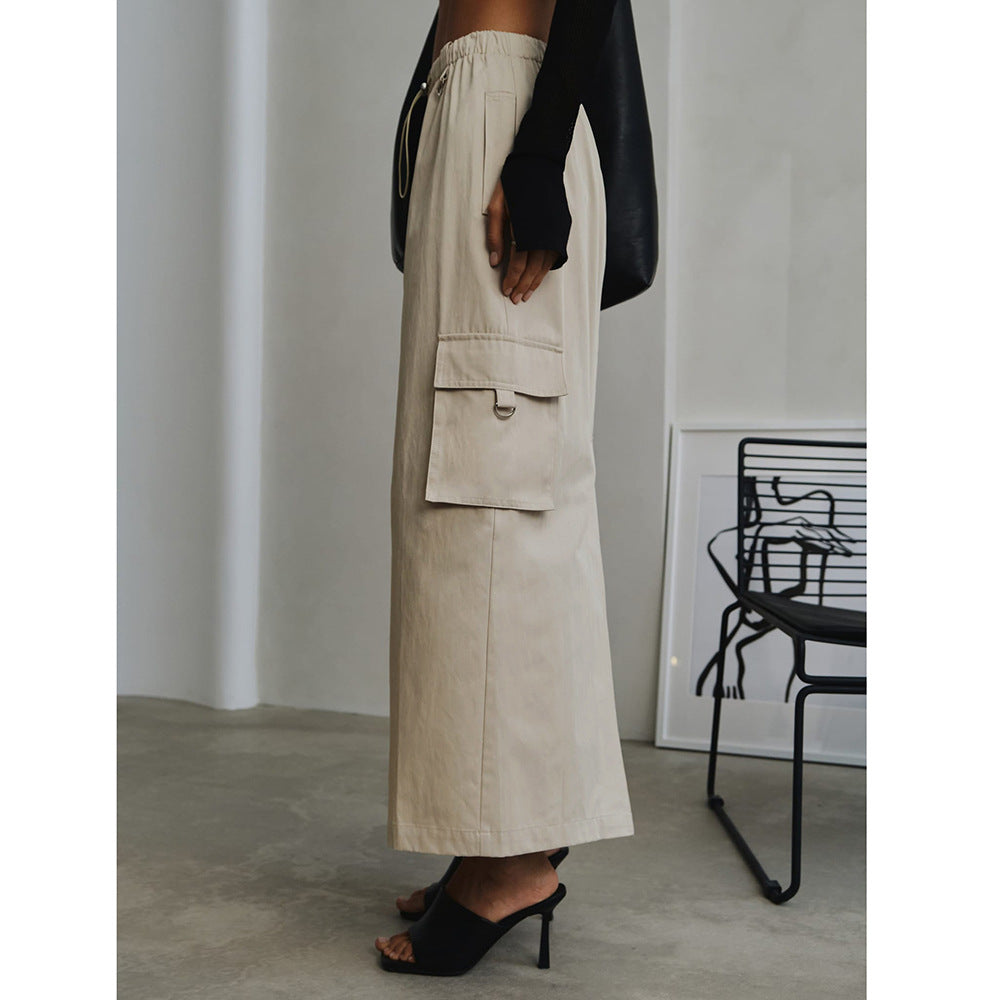 Women's Fashion Drawstring Elastic Waist Double Pocket Cotton High Waist Skirt
