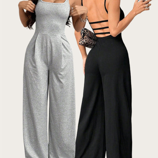 Summer Strap-Style Solid-Color Loose Jumpsuit For Women