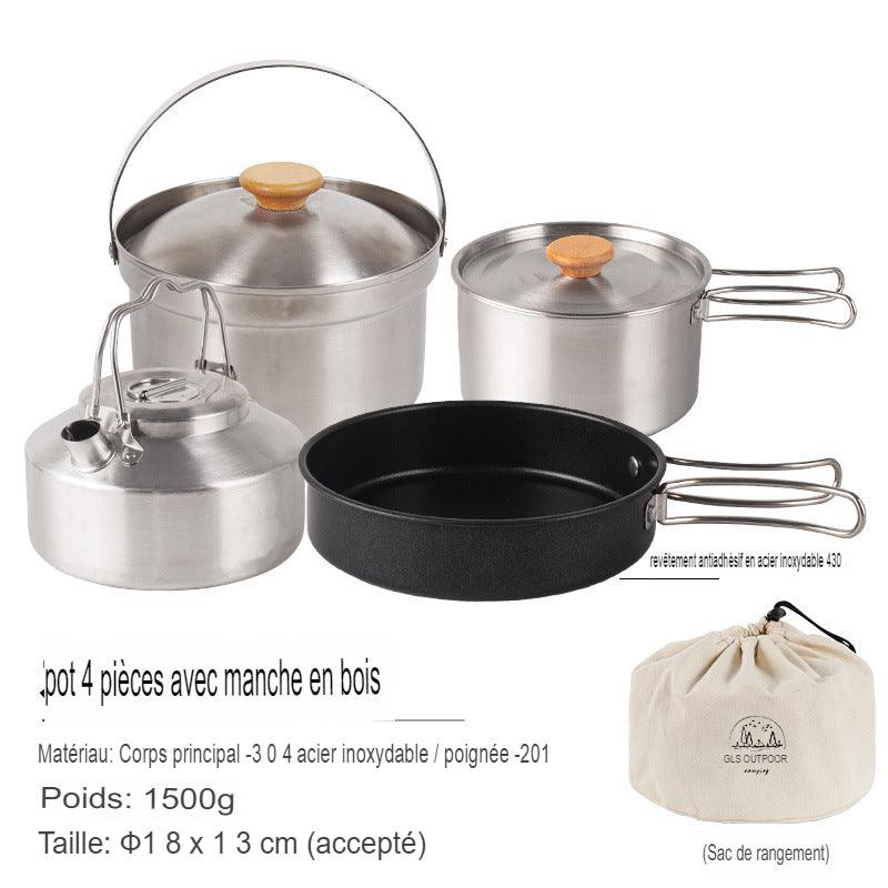 Outdoor Jacketed Kettle Camping Stainless Steel Pot 4-piece Kettle Frying Pan Stew-pan Self-driving Portable Picnic Suit