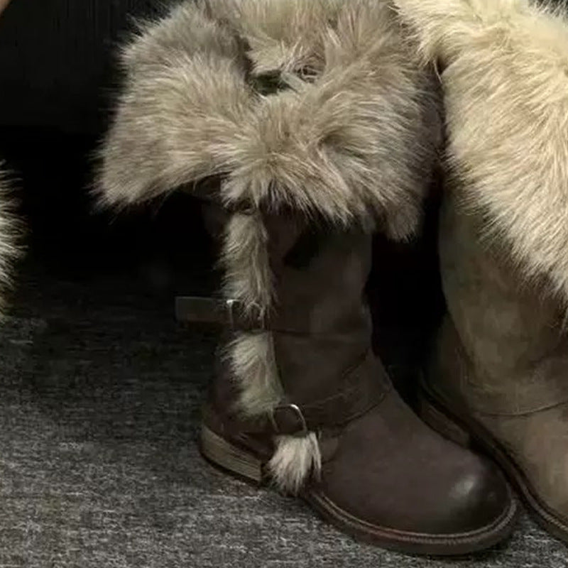 New Winter Retro Chic All-Match Leather-Buckle High-Top Furry Snow Boots For Women