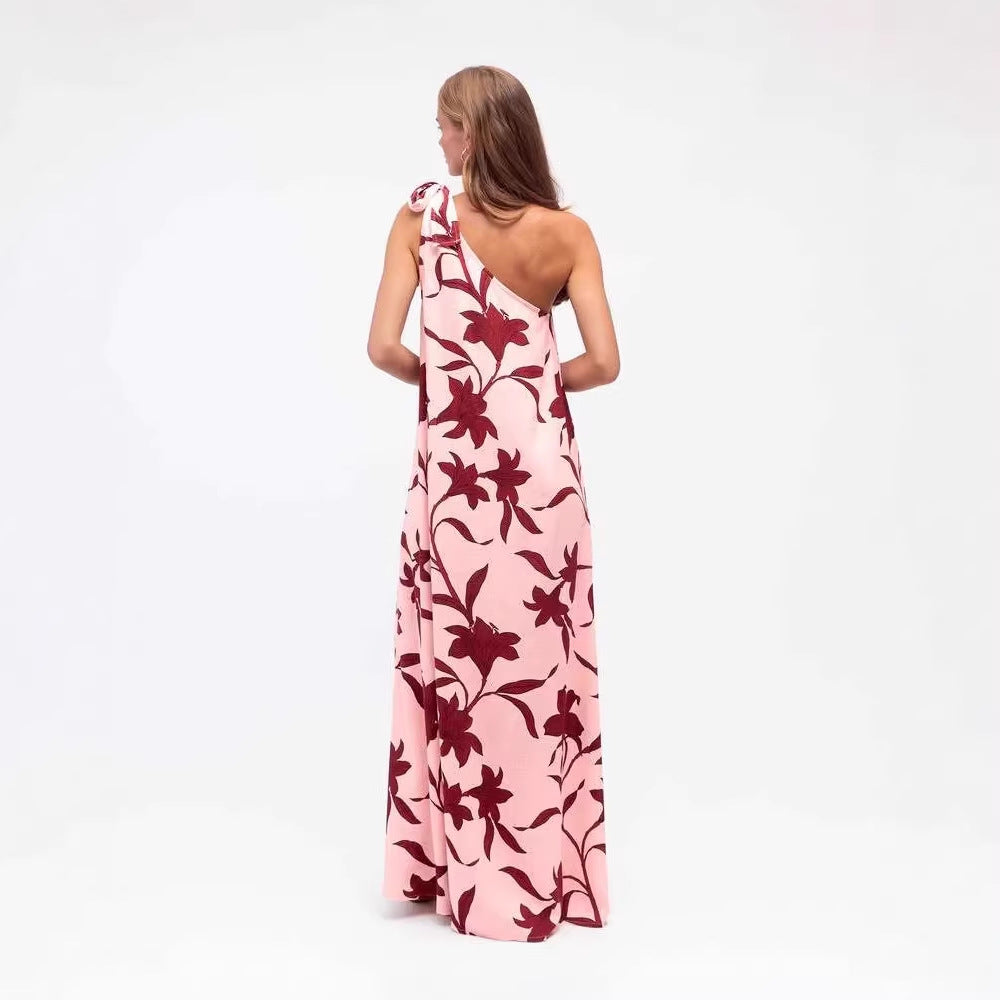 Summer Printed Off Shoulder Lace Up Sexy Resort Style Maxi Dress