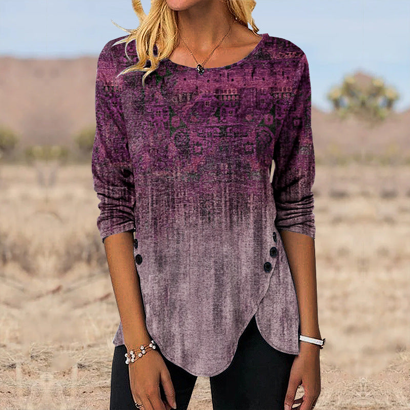 Digital Retro Printed Button Irregular Hem Round Neck Long Sleeve 3D