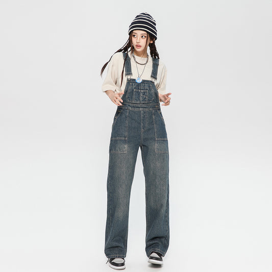 Denim Suspender Pants Women's Design Sense Loose Washed-out