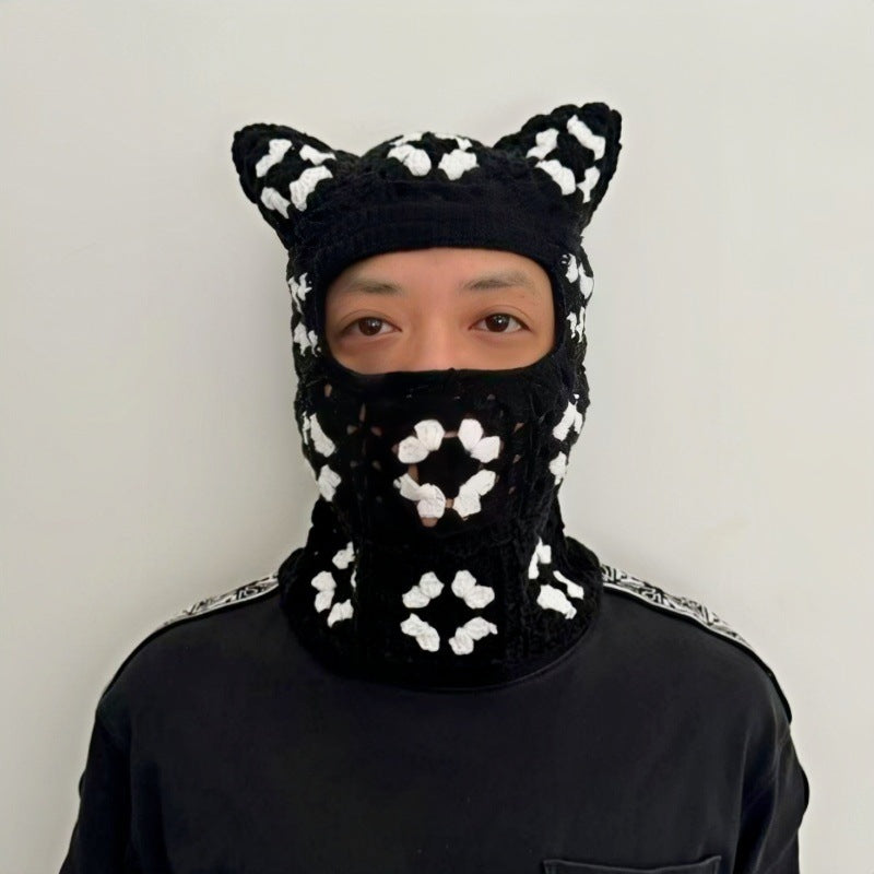 Handmade Mosaic Sleeve Cap Retro Hollow Ear Protection Scarf Integrated With Hat