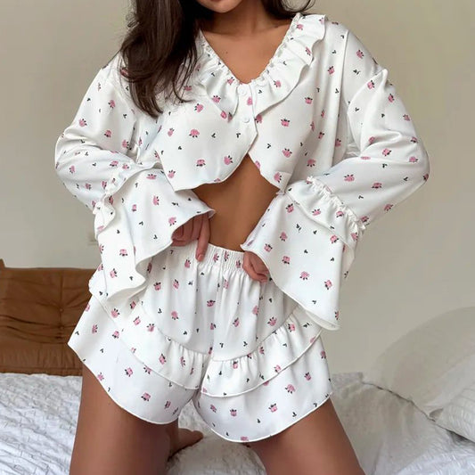 Floral-print Ruffled Trim Comfortable Long-sleeve Top And Shorts Set