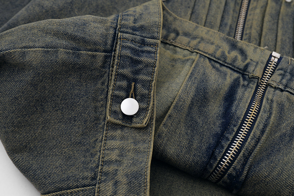 Washed And Worn Zipper Pocket Denim Jacket