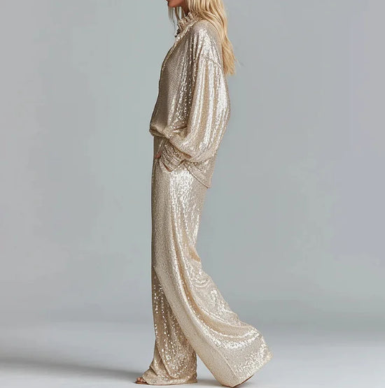 Party-Style Oversized Wide-Leg Champagne Gold Sequin Two-Piece Set