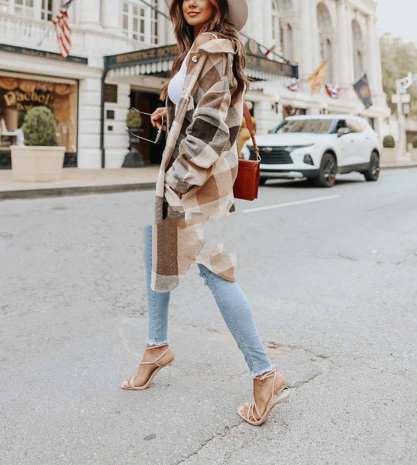 European And American Lapel Loose Women's Plaid Woolen Jacket