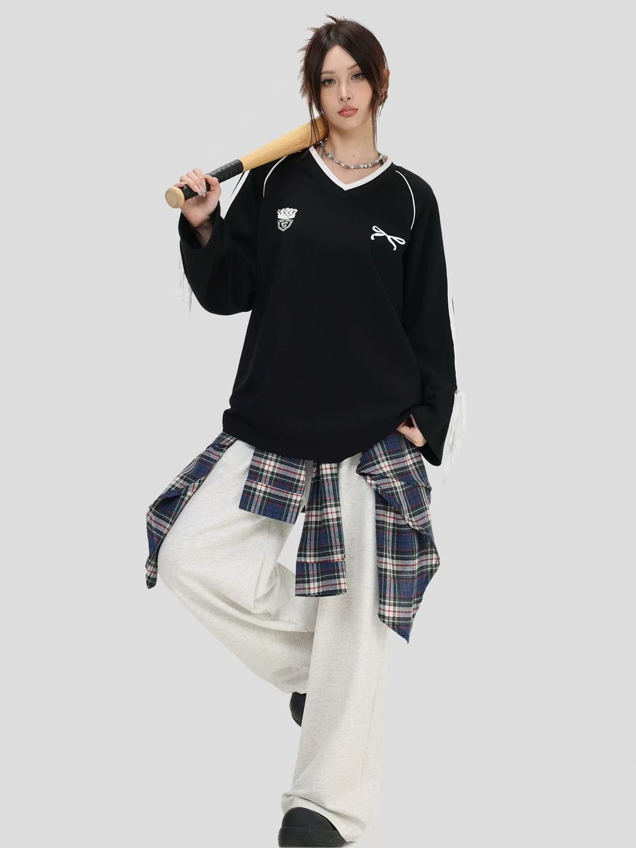 V-neck Tie Butterfly Long Sleeve Loose Sports Jersey Style T-shirt