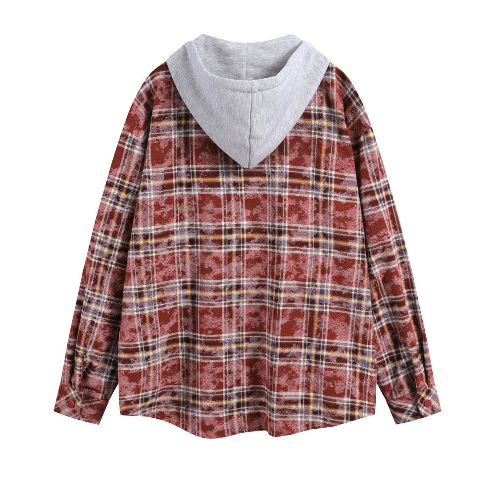 Spring And Autumn Plaid Colorblock Hooded Shirt Coat