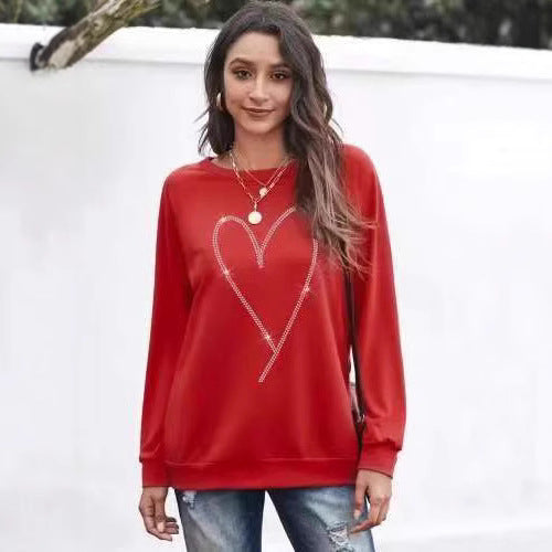 Hjerteprintet langærmet sweatshirt med rund hals