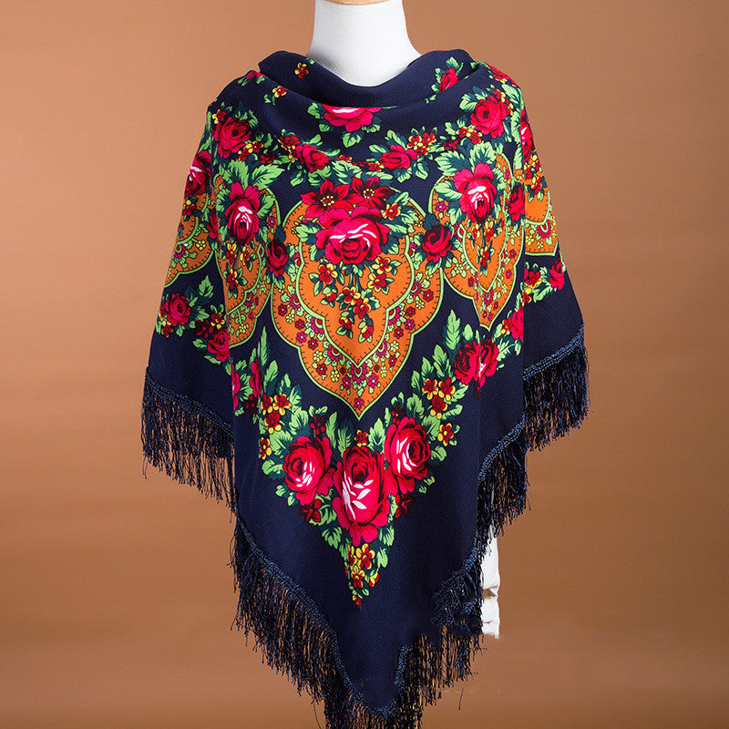 Large Square Scarf Shawl With Ethnic Print Tassels To Keep Warm