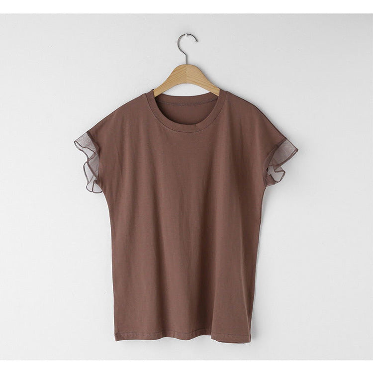 T-shirt til kvinder med rund hals, mesh-flæseærmer og ensfarvet design