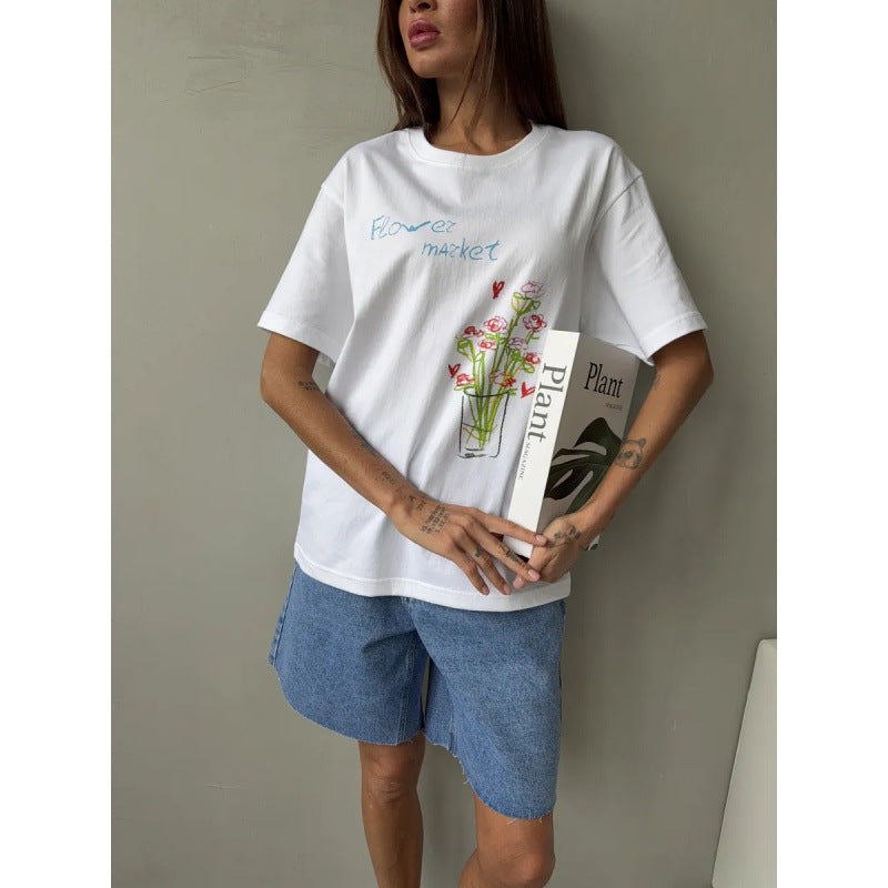 All-match Commuter-friendly Cotton Short-sleeve Top With A Printed Design