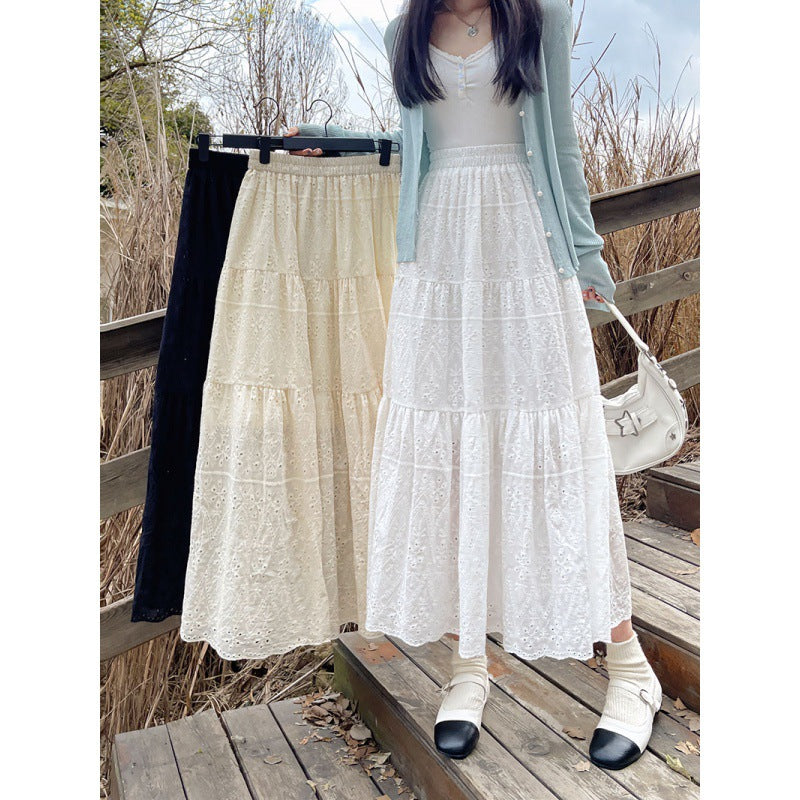 New French Style Retro Elastic Waist Pure Cotton Embroidery Long Dress