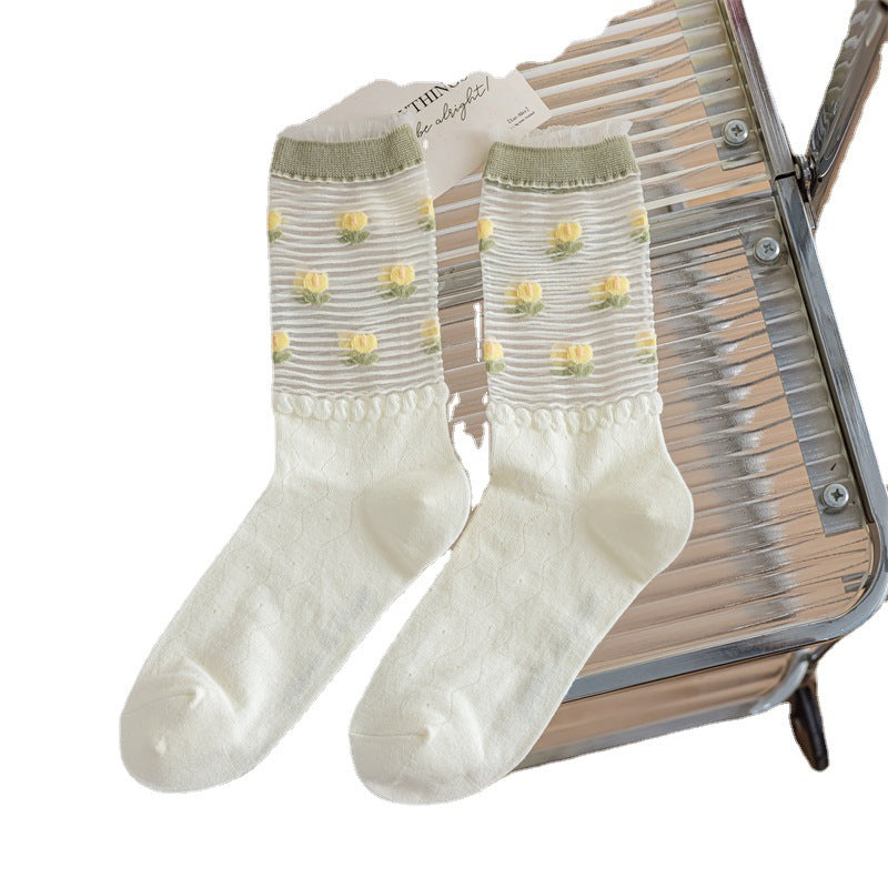 Tulip Yellow Green System Glass Silk Pile Women's Socks