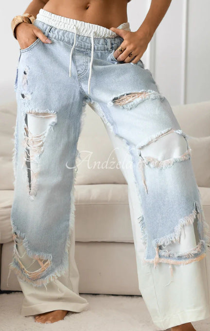 Ripped Double-layer Color Straight Jeans
