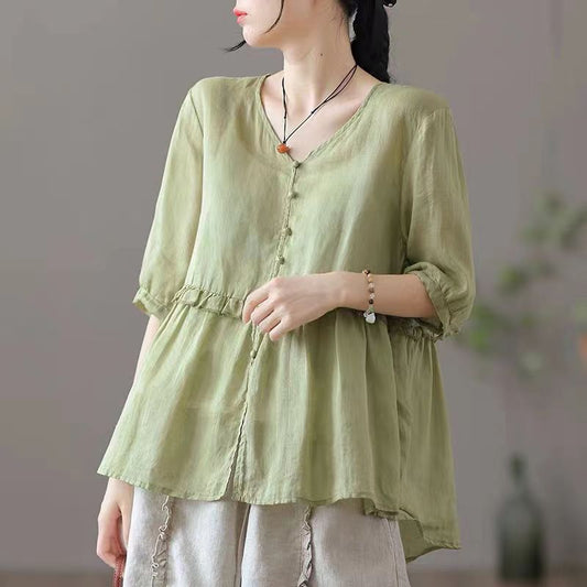 Loose V-neck Half Sleeve Cotton Linen Shirt