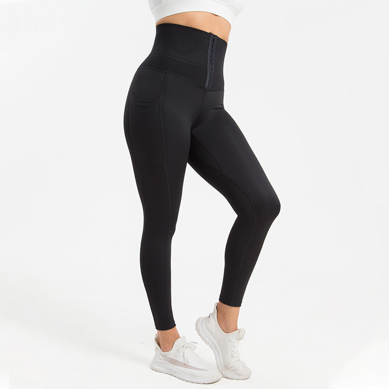 Breasted Yoga Pants Pockets Large Size Abdomen  Pants Sports Tight Yoga Body Shaper Pants