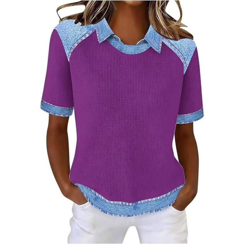 Denim Patchwork Crew Neck Short-sleeve Loose Casual Everyday Versatile