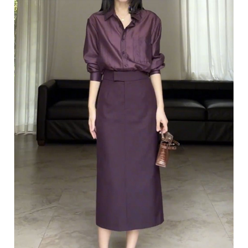 Fashionable Set Womens Blouse Top And Slimming High-Waist Slit Skirt