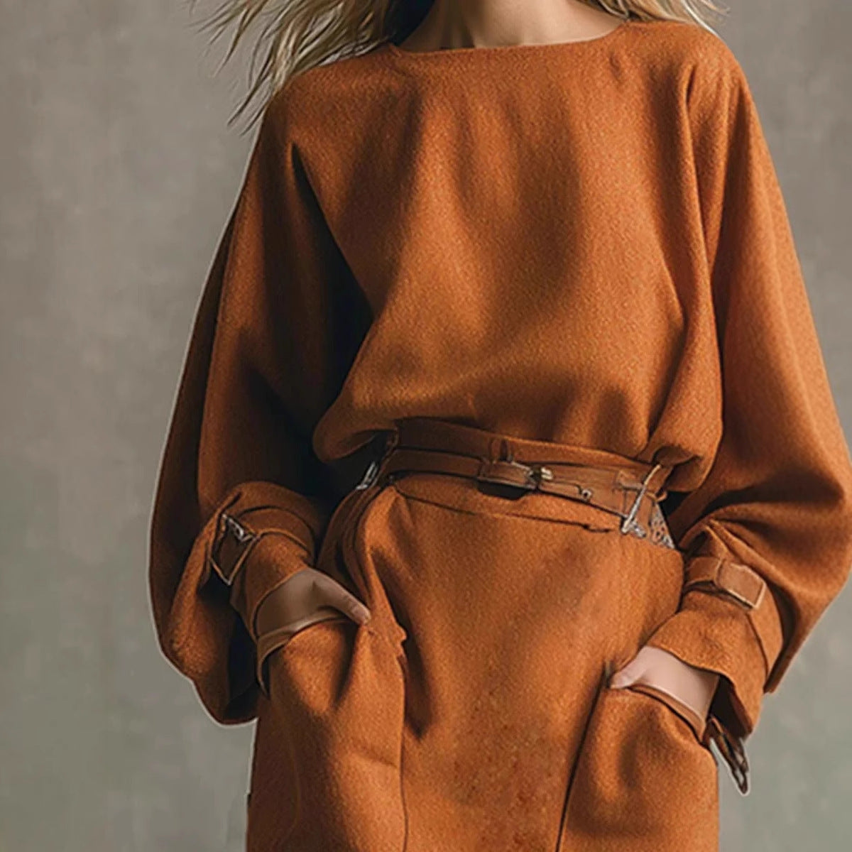 Crew-neck Long-sleeve Top Pocketed Skirt