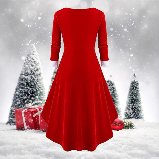Fashionable Faux-Button Lace Contrast-Color Asymmetrical Velvet Christmas Dress