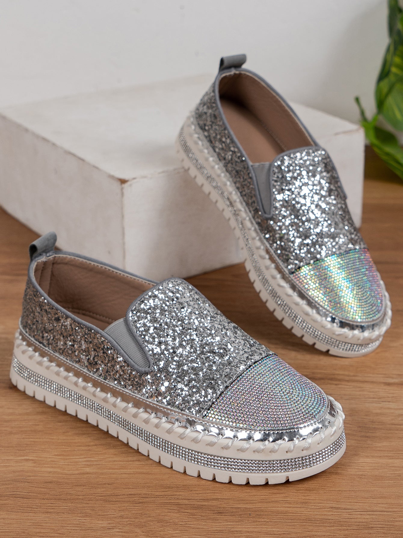Thick Bottom Flat Loafers Rhinestone