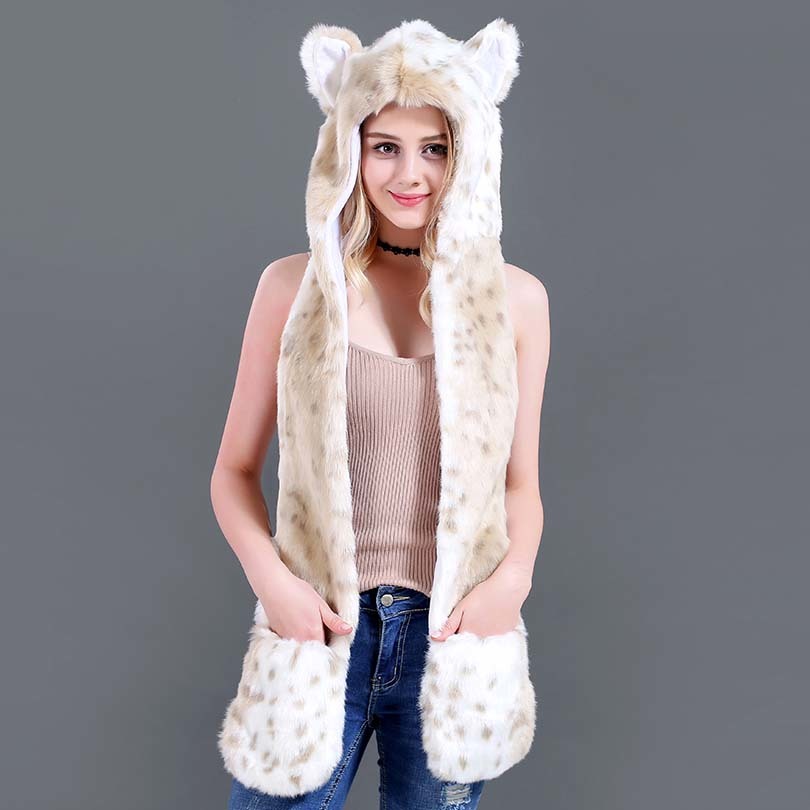 Faux Fur Strå Tegneserie Dyrehat Tørklæde Handsker Én