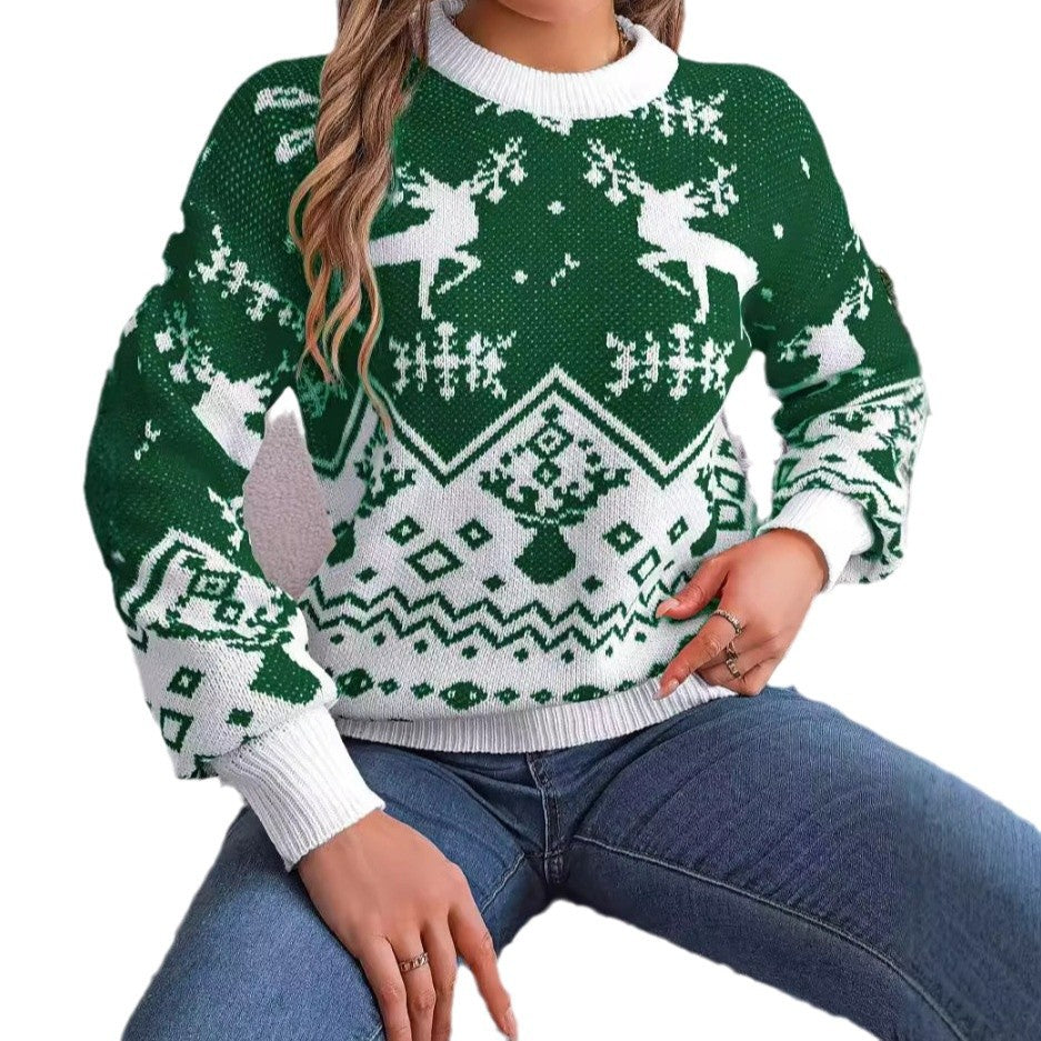 Nytår Efterår Vinter Casual Trøje med Høj Krave med Lange Ærmer, Hjortemønster, Jul, Til Kvinder, Rød Grøn Strikket Pullover Jumper