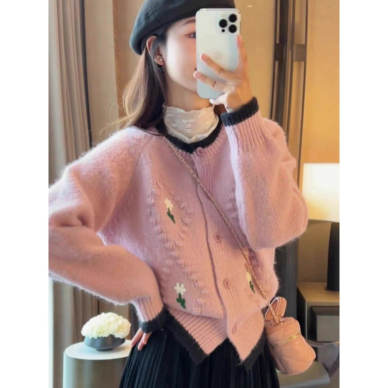 Embroidered Flower Sweater Coat For Women
