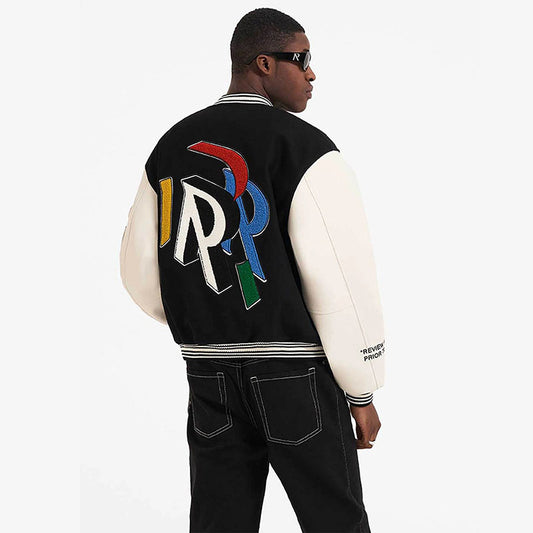 Color R Letter Embroidery Quilted Leather Sleeve Jacket Jacket Men's And Women's Baseball Uniform
