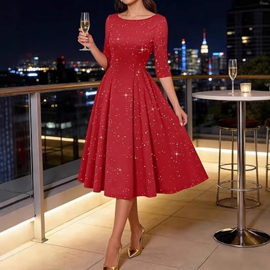 New Sequined Three-quarter Sleeve Midi Dress
