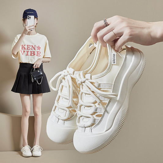 Hollow-out Canvas Shoes Korean Style Student White Flat Breathable Half Support
