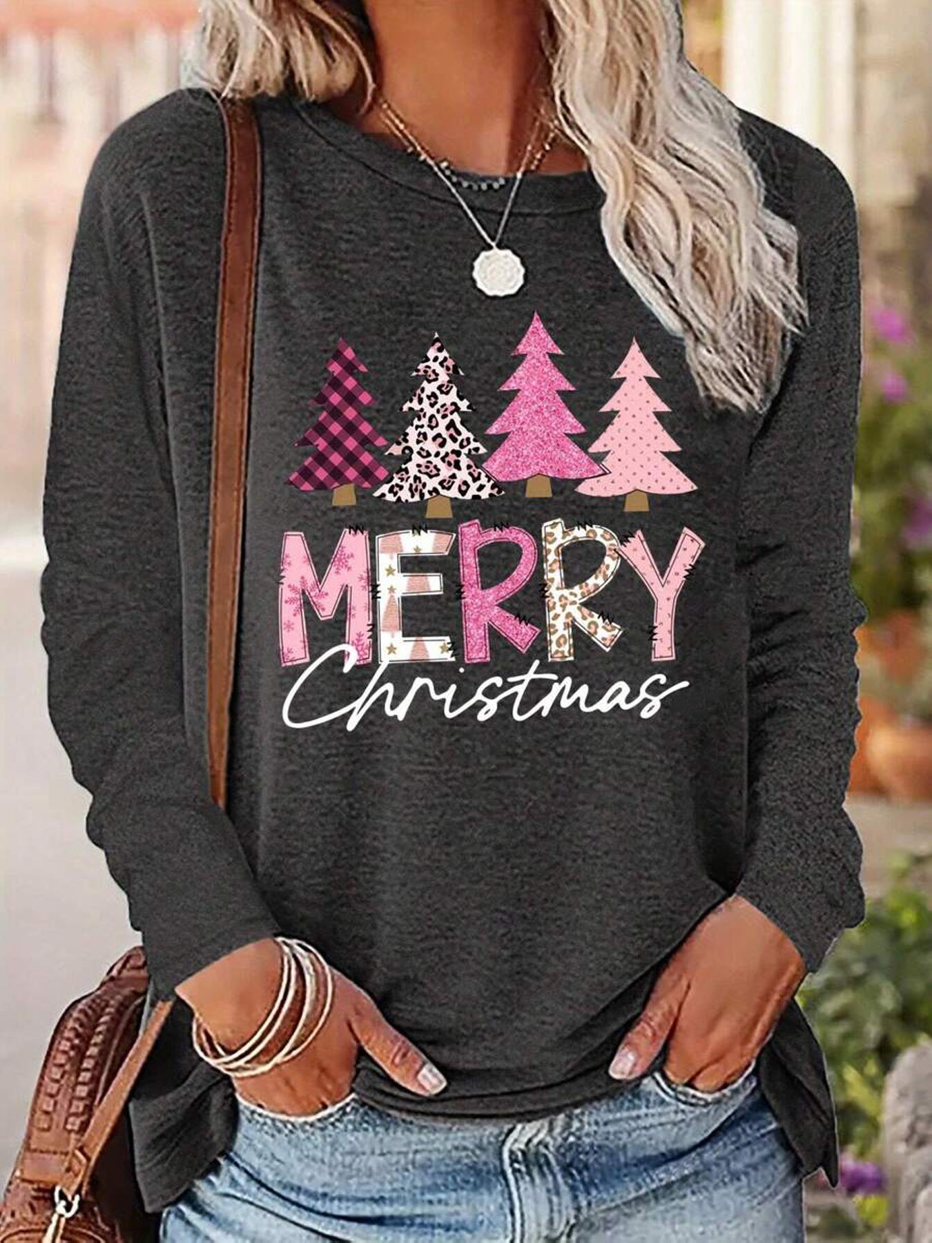 Positioning Printed Pattern Women's Long Sleeved Versatile Round Neck