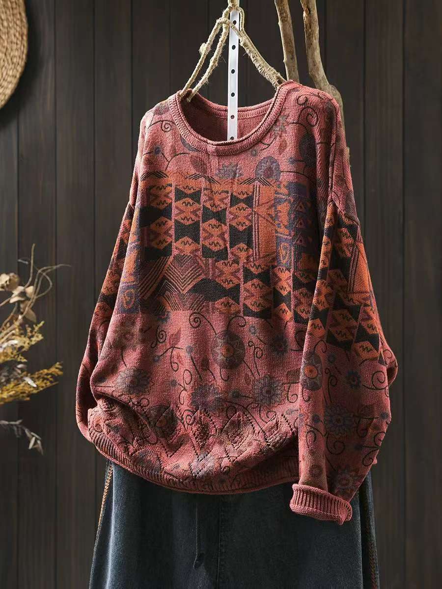 Women's Vintage Printed Cotton Knitted Sweater Round Neck