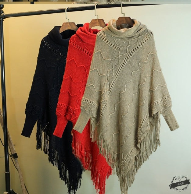 Efterår og vinter Ny strikket sjal med kvaster Højhalset Varm flagermusærmet pullover