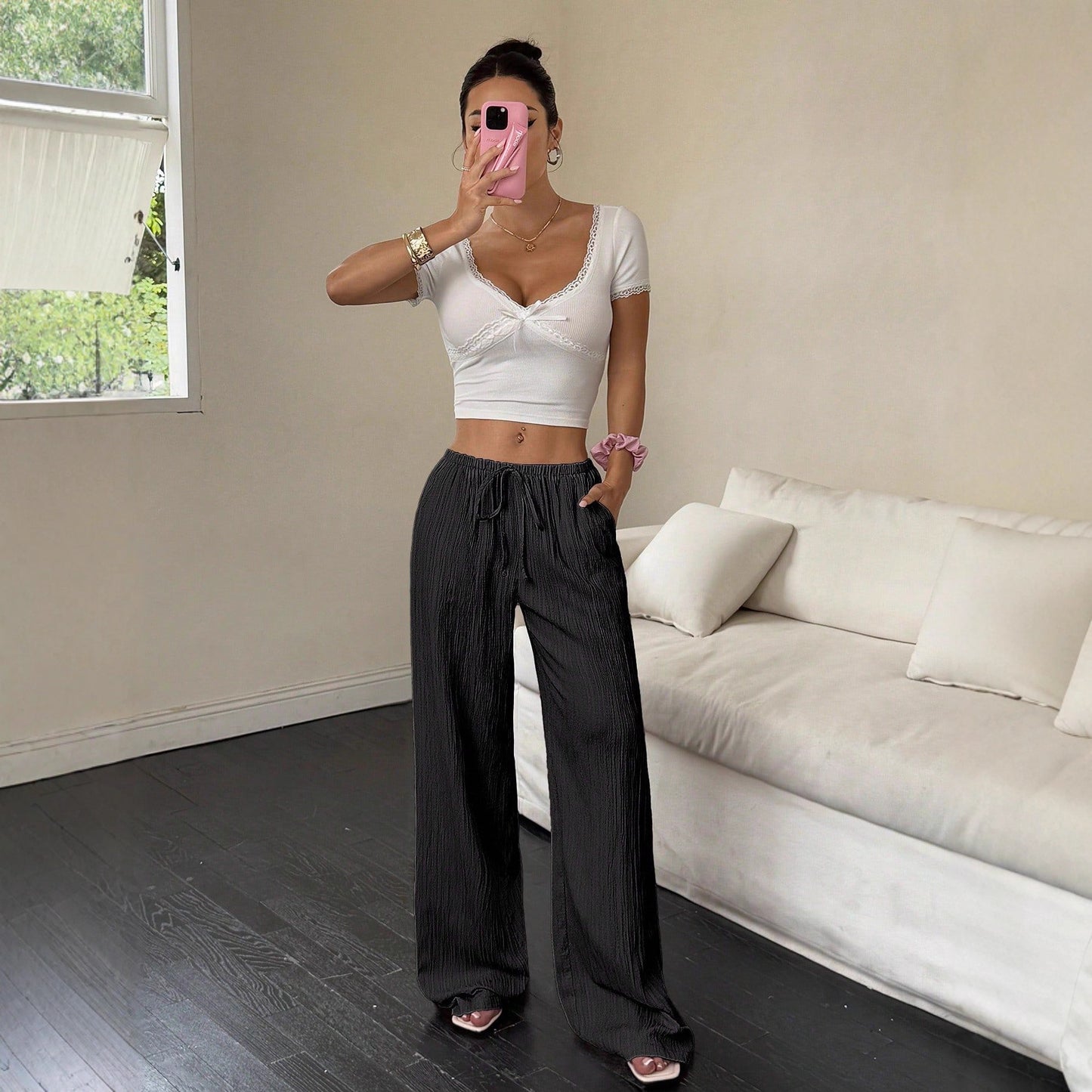 Lace-up Waist Trimming Fashion Casual Women's Trousers
