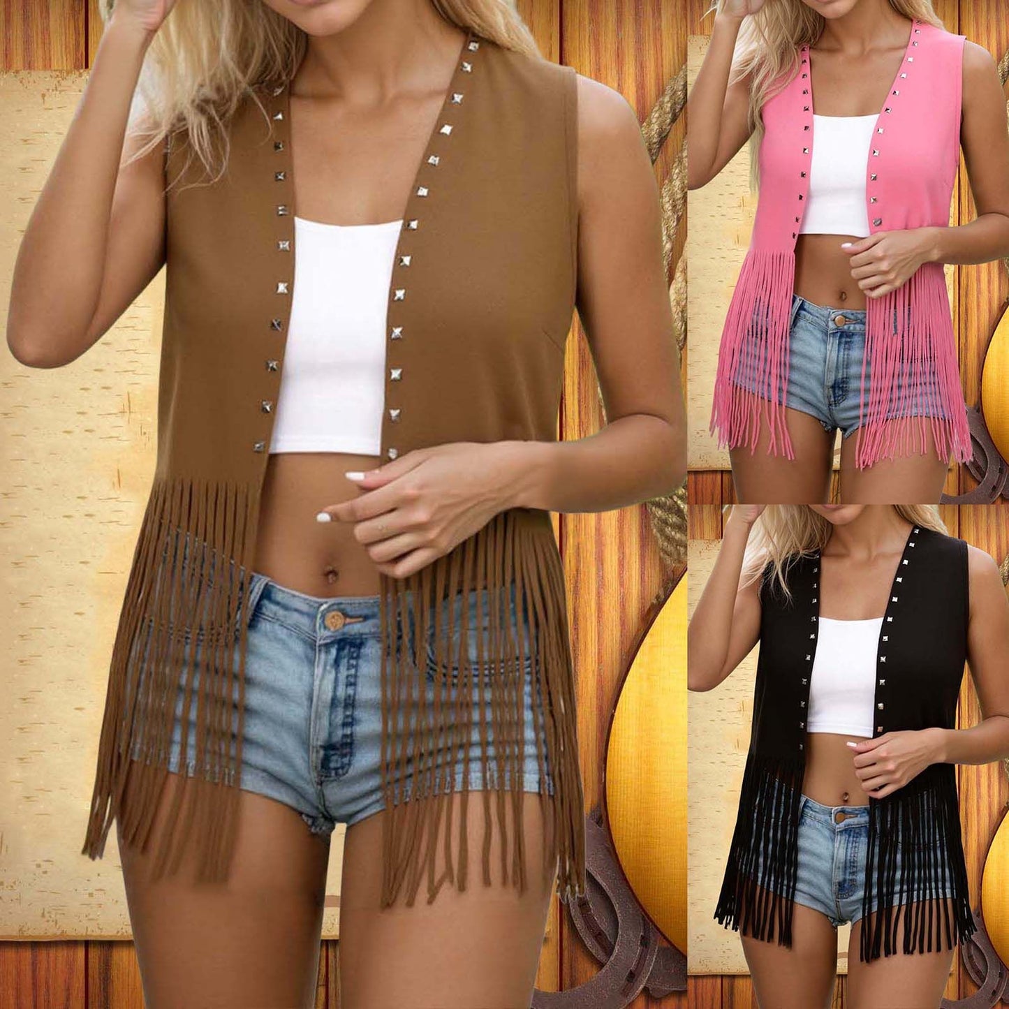 Women's Sleeveless Fringe Suede Jacket Comfortable Casual Rivet Jacket Coat