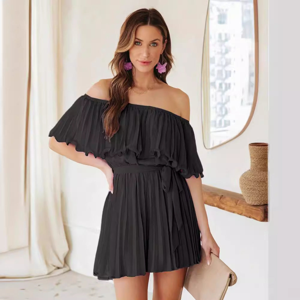 Solid Color Sexy Pleated Short-sleeved Jumpsuit