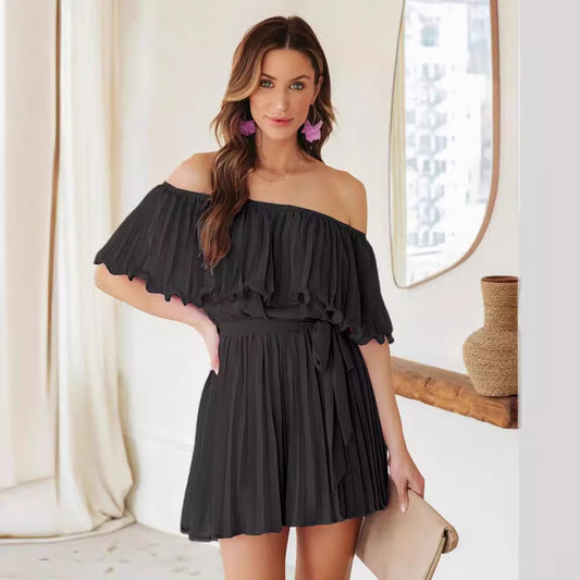 Solid Color Sexy Pleated Short-sleeved Jumpsuit
