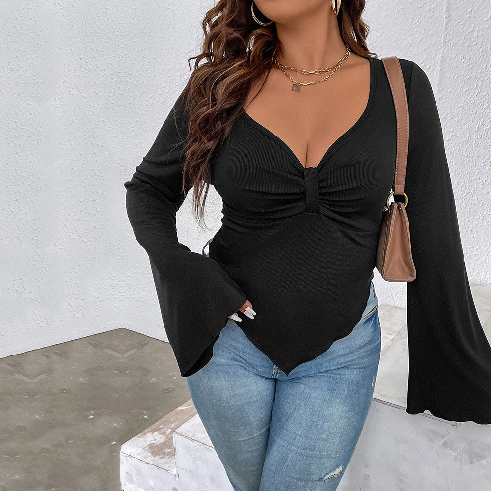 Women's Slim-fit Irregular Hem Bell-sleeve Knit Top