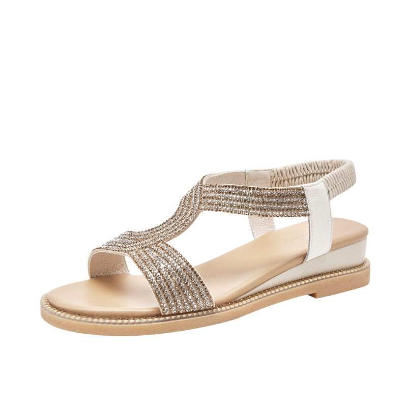 New All-match Leather Soft Sole Elastic Band Mid-heel Rhinestone Wedge Women's Shoes