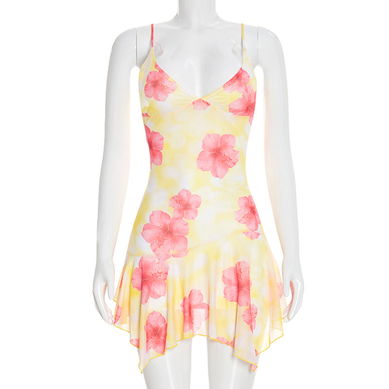 Elegant Floral Print Sleeveless Slip Dress In Mesh With Asymmetrical Hem
