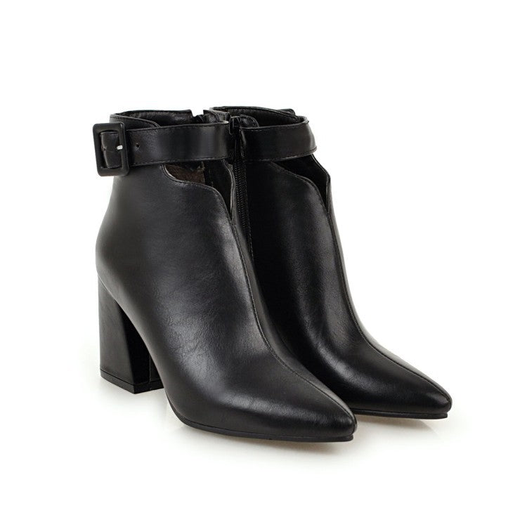 British Pointed Toe Belt Buckle Side Zipper Thick Heel High Heel Women's Boots