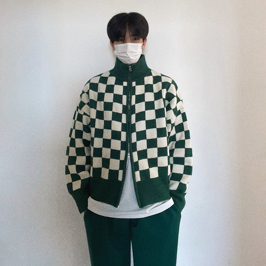 Checkerboard Sweater Men's Loose Trend Stand Collar