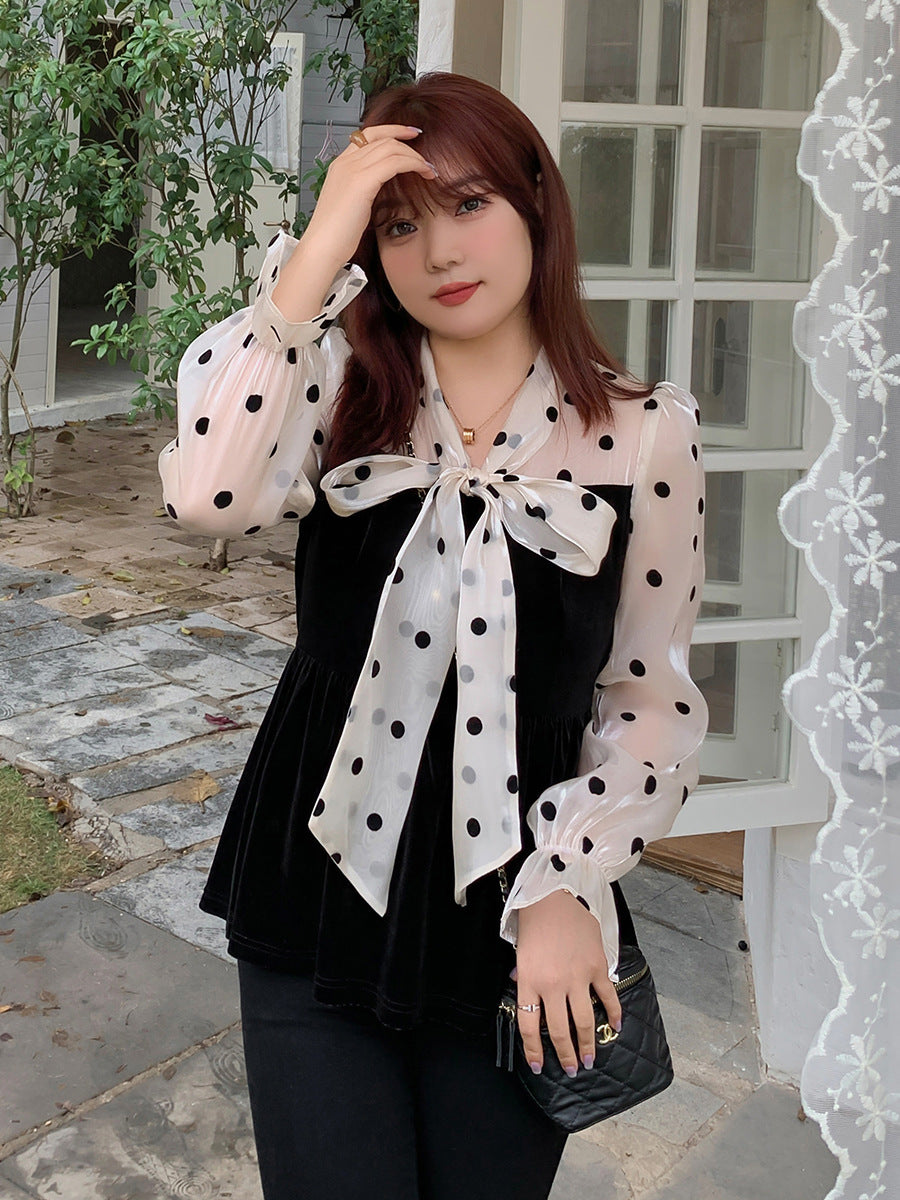 Polka Dot Stitching Lace-up Bow Dress
